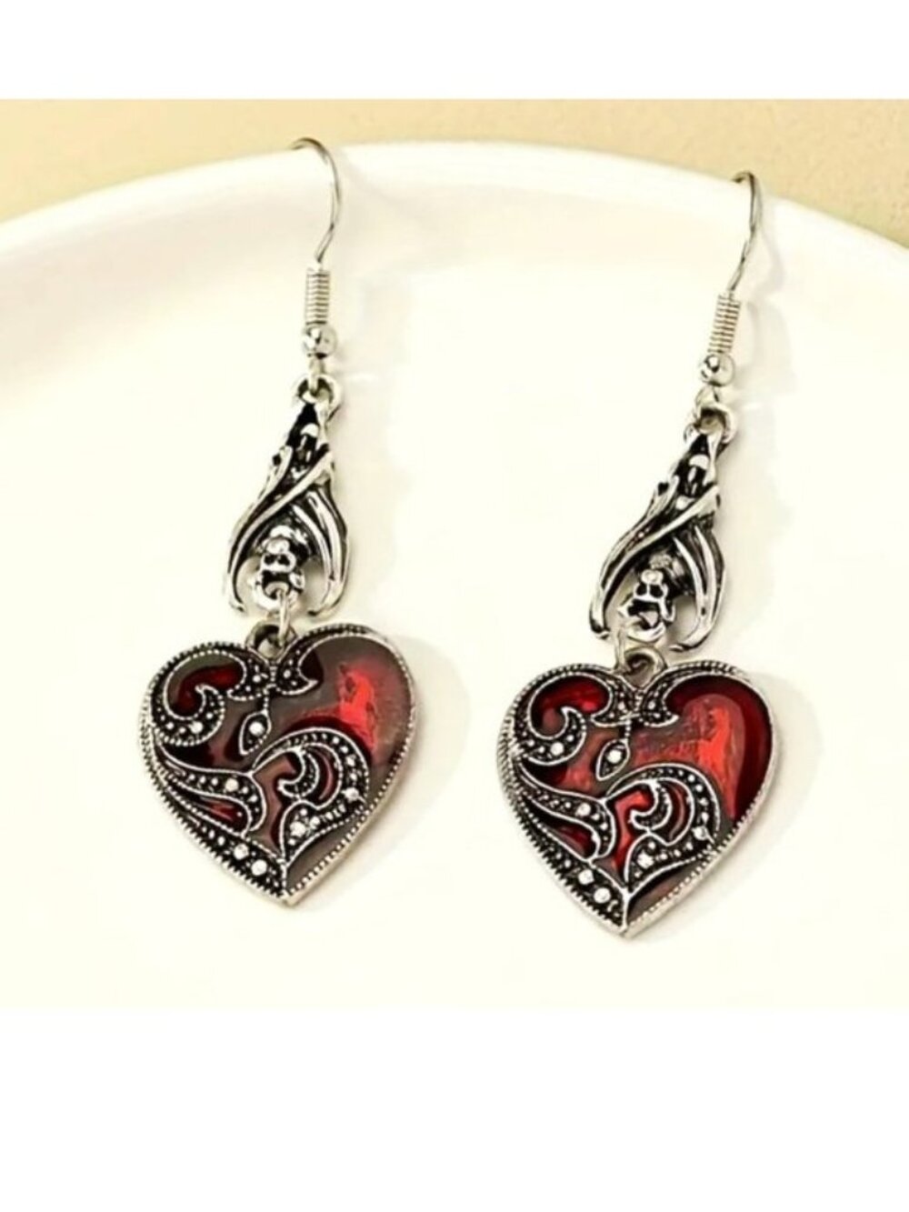 Earrings Heart Bat Enamel Dangle Goth Red Silver Vamp Statement Trendy Stylish